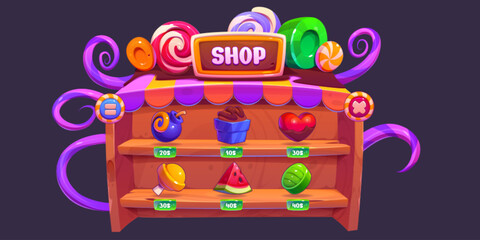 Poster - Shop game interface with assets and price buttons. Cartoon wooden rack with shelves and sweet desserts decorations, items to buy - bomb and cupcake, lollipop and watermelon. Ui frame for store design.