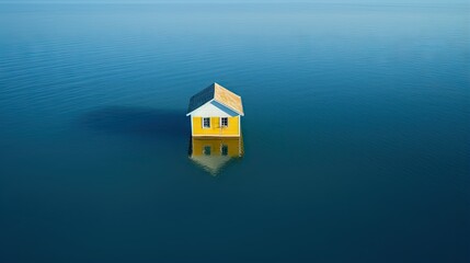 Poster -  a house floating in the middle of the ocean with a yellow roof.  generative ai