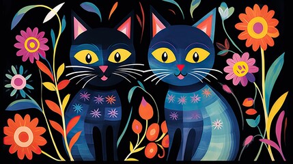 Wall Mural -  a painting of two cats sitting in a field of flowers.  generative ai