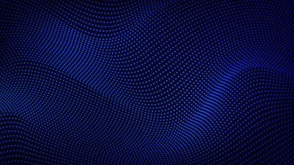 Poster - Dark blue background smooth flowing wavy dynamic dots, digital techno background vector