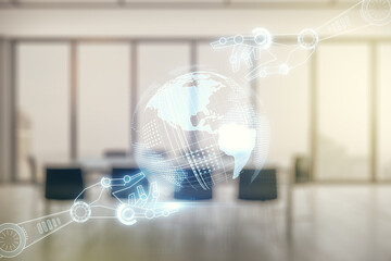 Aufkleber - Double exposure of abstract virtual robotics technology with world map hologram on a modern meeting room background. Research and development software concept
