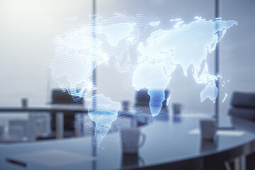 Poster - Double exposure of abstract digital world map hologram on a modern boardroom background, big data and blockchain concept