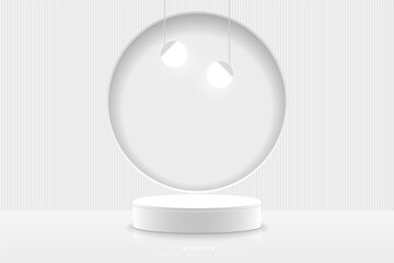 White 3D cylinder podium pedestal realistic with two glowing circle neon lamps hanging, Round circle window and vertical shape on wall. 3D vector geometric platform. Minimal scene for mockup product