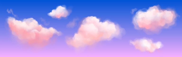 Wall Mural - pink soft fluffy clouds on violet-blue gradient sky. realistic vector illustration set of magic and 