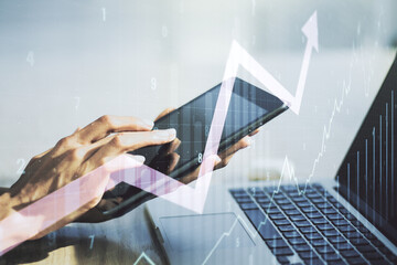 Aufkleber - Multi exposure of abstract creative financial chart with upward arrow and finger presses on a digital tablet on background, rise and breakthrough concept