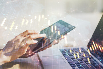 Poster - Multi exposure of abstract creative financial chart with world map and with finger presses on a digital tablet on background, research and analytics concept
