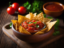 Mexican Nacho Chips And Salsa Dip Sauce On Wooden Table