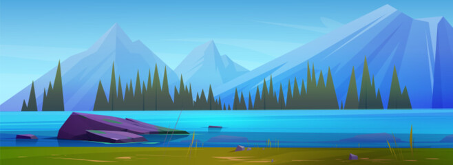 Wall Mural - Mountain lake landscape. Vector cartoon illustration of evergreen fir trees on river bank, rocky peaks on horizon, blue sky. Beautiful scenery for travel adventure game background, spring wallpaper