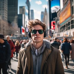 Wall Mural - Sunset Serenade: Attractive Young Man, Shades, and Music in the City