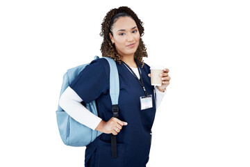 Wall Mural - Student, doctor and woman in backpack for education, healthcare internship and happy learning. Portrait of nurse or african person for medical school and coffee isolated on transparent png background