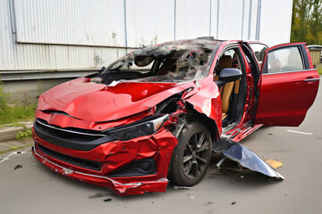 Wall Mural - Car destroyed after an accident. Car accident on the street, damaged car after collision. Violation of traffic rules. Serious car accident. Road traffic accident.