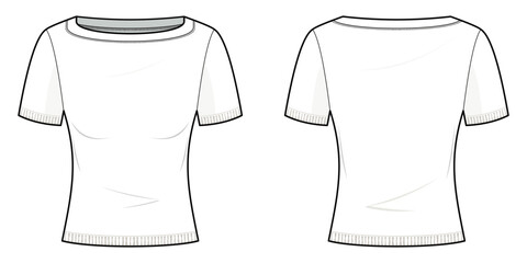 Wall Mural - white Fitted boatneck tee shirt flat technical fashion illustration. Boatneck tee fashion flat technical drawing template, front view, back view, white color, women, CAD mockup set.