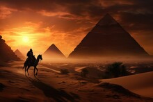 A Man Riding A Camel In The Desert With Pyramids In The Background. A Journey To The Great Pyramid. Fantasy Scenery. Generative AI