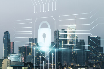 Aufkleber - Virtual creative lock sketch with chip hologram on Los Angeles office buildings background, protection of personal data concept. Multiexposure
