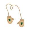 Beige mittens on a rope, with an embroidered herringbone in green color. A pair of knitted wool mittens. Vector illustration