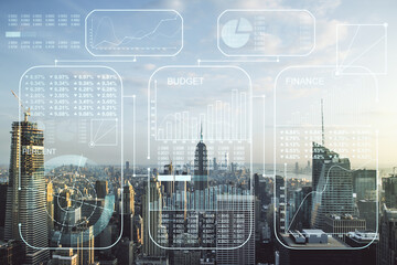 Poster - Abstract virtual stats data hologram on New York city skyline background. Multiexposure