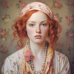 Wall Mural - portrait of a girl with red hair with a scarf on her head
