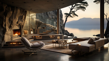 Wall Mural - Interior design of modern living room, an open concrete in the living room, in the style of gravity-defying landscapes with big panoramic windows coastal views