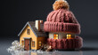 Concept of the heating system in a winterized house, along with the presence of cold snowy weather, depicted by a model of a house adorned with a cozy knitted cap.