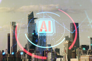 Poster - Double exposure of creative artificial Intelligence abbreviation hologram on Manhattan office buildings background. Future technology and AI concept