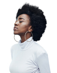 Sticker - Calm black woman, afro and relax in natural beauty standing isolated on a transparent PNG background. Face of African female person with eyes closed for mental wellness, peace or carefree mindset