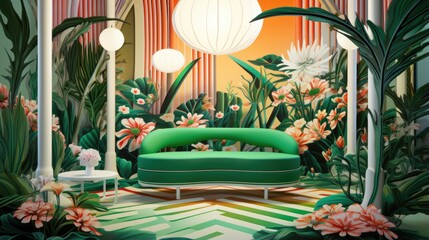 Sticker - A painting of a green couch in a garden