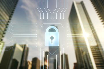 Aufkleber - Double exposure of virtual creative lock hologram with chip on modern skyscrapers background. Information security concept