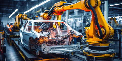 Wall Mural - Automation Excellence: Robotic Arms in Car Plant Assembly