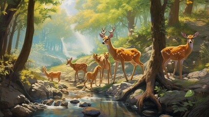 Wall Mural - animal youngsters learning and playing together in their natural habitat, under the watchful eye of their parents