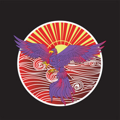 Sticker - rooster illustration with japanese background