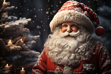 Portrait Of Happy Santa Claus In Winter In Forest. Christmas And New Year Greeting Card