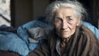 elderly homeless woman with blue eyes, tortured face and eyes, thin, very sick