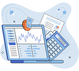 Fototapete - Investment analysis, financial planning, data exploration, business concept for strategic marketing with chart and graph on report, money and accounting document. Examination of income statement