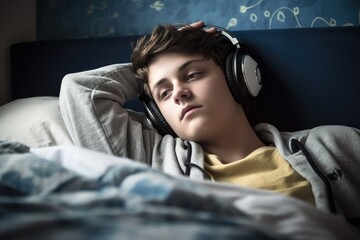 Poster - a young man lying in his bed listening to music