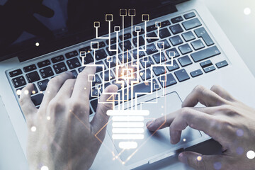 Poster - Creative idea concept with light bulb and microcircuit illustration and hands typing on laptop on background. Neural networks and machine learning concept. Multiexposure