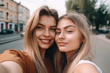 Poster - shot of two women taking selfies together