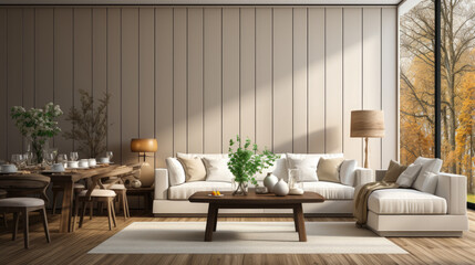 Wall Mural - White sofa and dining table and chairs against planks paneling wall.  interior design of living room