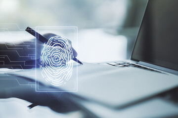 Aufkleber - Abstract creative fingerprint concept with hand writing in notebook on background with laptop. Multiexposure