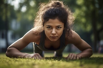 Canvas Print - shot of a young woman doing pushups during a outdoor workout class