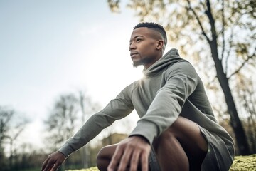 Poster - shot of a young man stretching during his outdoor workout class