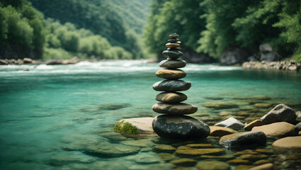 Stack of stones balancing on top in blue water of the river