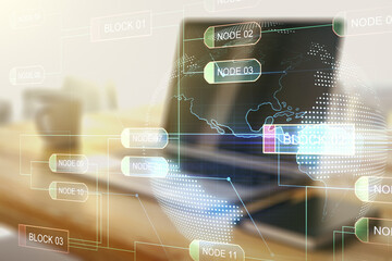 Poster - Abstract creative coding illustration with world map and modern desktop with pc on background, international software development concept. Multiexposure