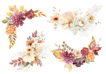 Wall Mural - watercolor set of flower wreaths with neutral flowers and leaves. arrangement for greeting cards, st
