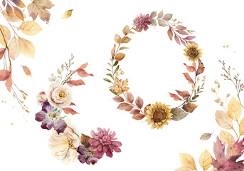 Wall Mural - watercolor set of flower wreaths with neutral flowers and leaves. arrangement for greeting cards, st