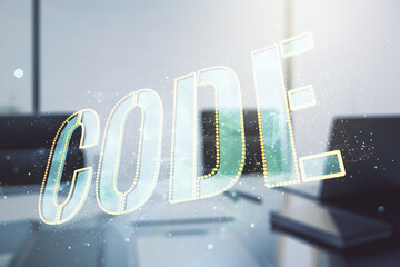 Aufkleber - Creative Code word sign and modern desktop with pc on background, international software development concept. Multiexposure