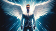 © LeArchitecto - Angelic handsome man with wings and business suit. Postproducted generative AI illustration.