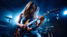 Female Guitar Player Playing A Guitar On Blue Light Illuminated Stage. Postproducted Generative AI Illustration.