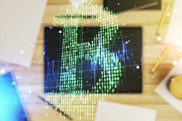 Poster - Creative Bitcoin concept and modern digital tablet on desktop on background, top view. Double exposure