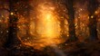Digital painting of a mystical forest in autumn with fog and golden light