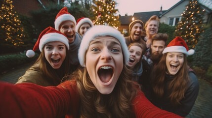 Wall Mural - a group of people wearing santa hats taking a selfie